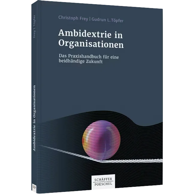 Buchcover des Buchs Ambidextrie in Organisationen: Das Praxishandbuch für eine beidhändige Zukunft, Schäffer Poeschl Verlag, Autor:innen: Gudrun Töpfer & Christoph Frey