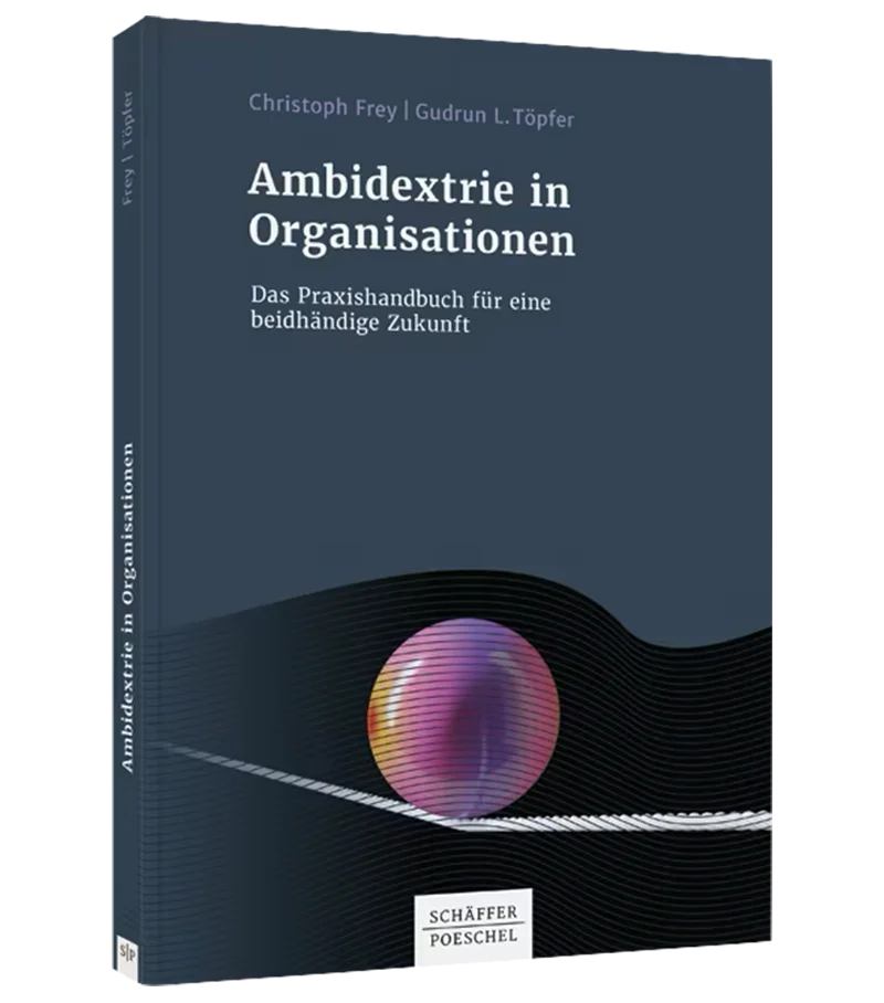 Buchcover des Buchs Ambidextrie in Organisationen: Das Praxishandbuch für eine beidhändige Zukunft, Schäffer Poeschl Verlag, Autor:innen: Gudrun Töpfer & Christoph Frey